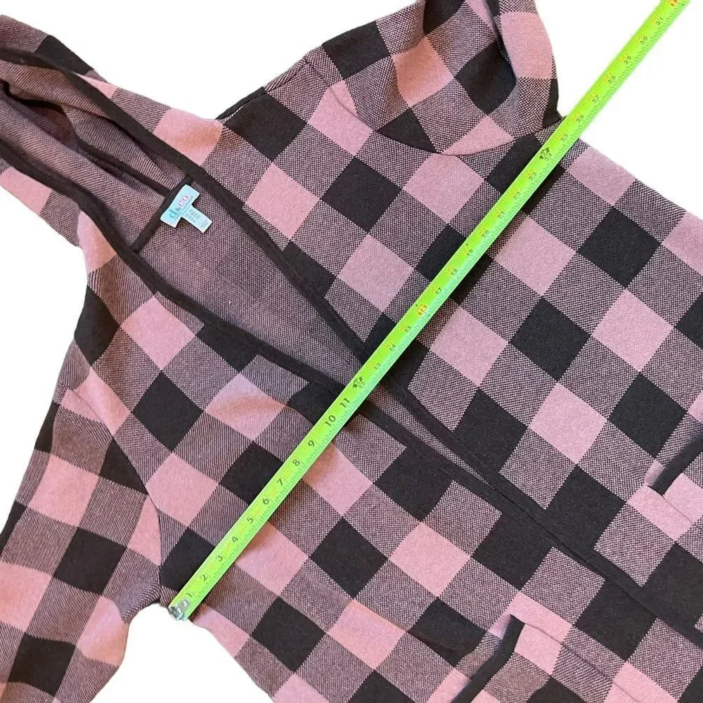 D&CO. HOODED OPEN FRONT BROWN AND PINK BUFFALO PLAID CARDIGAN DUSTER